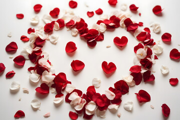 Minimal romantic background in the shape of a heart made of red and white rose petals