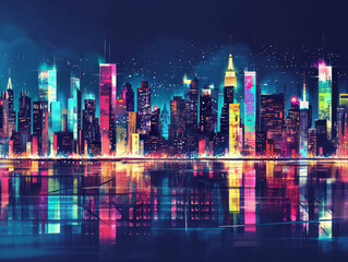 Obraz premium New York City skyline at night with reflection in water. Vector illustration.