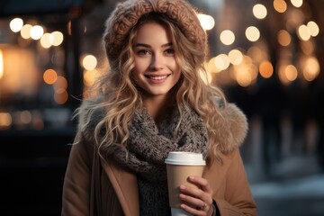 Beautiful young woman with a glass of coffee in her hands in winter under bokeh lights