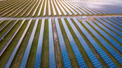 top view of solar panels and green forest at sun. ecology concept. view from above, drone shot