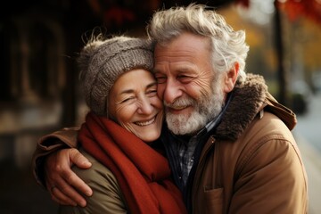 Fototapeta premium Happy elderly couple with gray hair hugging each other. Happy marriage concept. Photo in warm colors. Adult faces with deep age wrinkles
