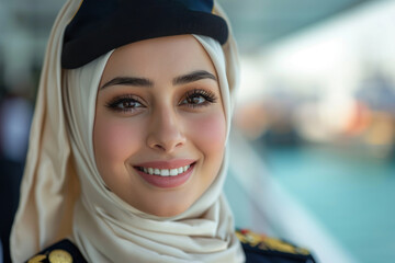 Arab woman wearing cruise ship staff uniform, boat service crew - obrazy, fototapety, plakaty