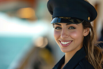 Arab woman wearing cruise ship staff uniform, boat service crew