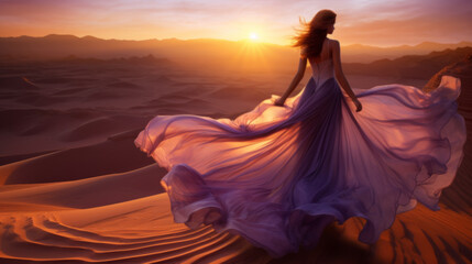 young woman in silk dress on desert dunes