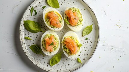 A plate of halved boiled eggs topped with smoked salmon and garnished with herbs on a marbled background.