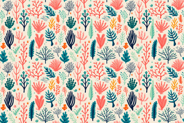 Colorful coral and marine plant life seamless pattern for textile design or wallpaper