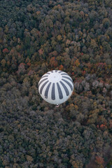 View from above of a hot air balloons flying over pinewood forest at La Garrotxa Volcanic Natural Park. Hot air balloon with black and white stripes with autumnal landscape in the background.