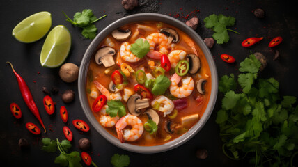 Tom Yam kung Spicy Thai soup with shrimp, seafood, coconut milk and chili pepper