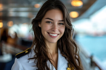Brunette woman wearing cruise ship staff uniform, boat service crew
