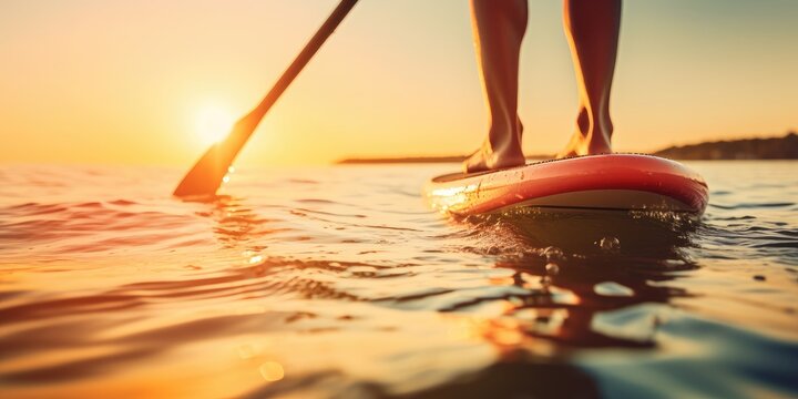 Close up of man's feet standing on a supboard at a sunset