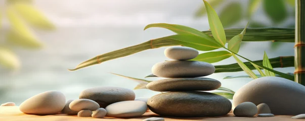 Keuken spatwand met foto Stacked zen stones sand background art of balance concept banner © Natalia Klenova