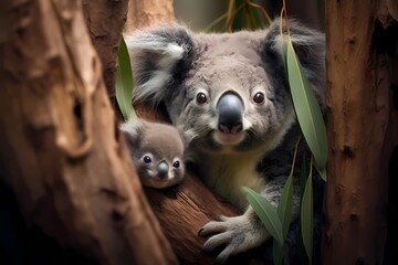 A baby koala clinging to its mother in the branches of a eucalyptus tree.