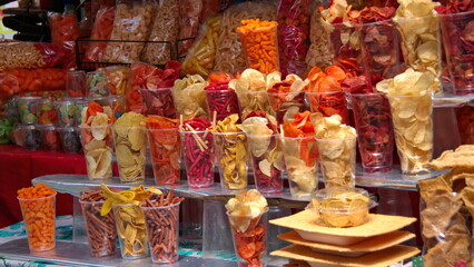 Cups of chips for sale in a snack stall in Chapultepec Park, Mexico City, Mexico