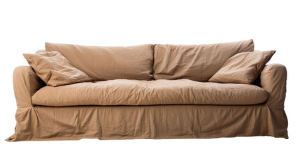 front view of a slipcovered sofa isolated on a white background