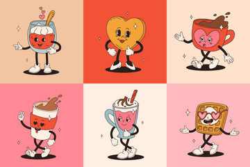Valentine's Day set of vintage characters. Happy and cheerful retro. Old animation 50s, 60s 70s, groovy cartoon characters of coffee and sweets, donut, cupcake, espresso, latte, cocoa, cake. present.