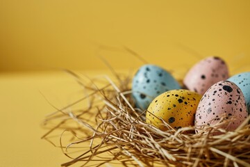 Naklejka na ściany i meble Colorful Speckled Easter Eggs Nestled in Straw Against a Bright Yellow Background