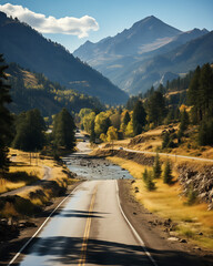 mountain road in the autumn, Asphalt Road Between Rocky Mountains with Green Trees