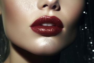 Portrait closeup of a model with red painted lips. Party makeup concept. Luxury style. AI Generated