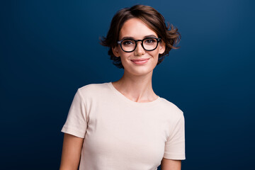 Portrait of pretty business lady wearing office computer protection eyeglasses smiling sincerely...