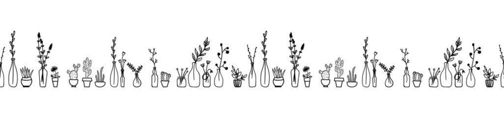 Seamless Border With Plants in Pots and Vases