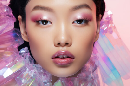 Portrait closeup of a beautiful girl with iridescent glossy makeup. Fashion and beauty concept.