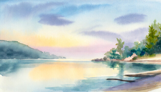 Watercolor Art Painting: Tranquil Shoreline Retreat Quietly in Morning