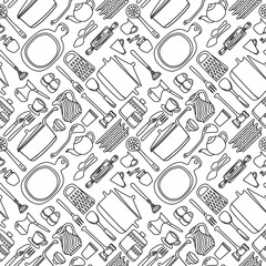 Seamless pattern kitchenware in hand-drawn style