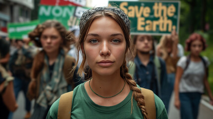 Portrait of a woman in full march to save the earth. - obrazy, fototapety, plakaty