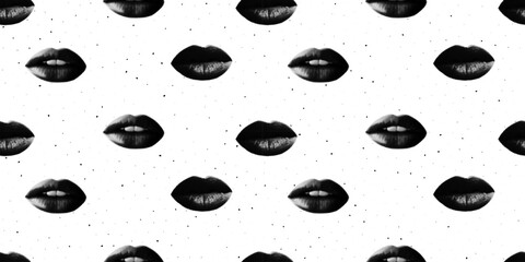 Trendy seamless pattern. Halftone collage lips and noice texture. Old style background.