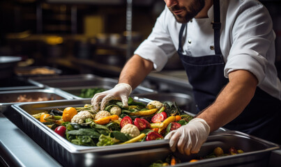 Chef in a commercial kitchen practicing sustainability by sorting biodegradable organic waste for...