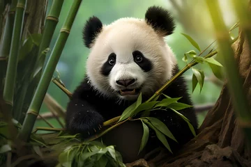 Fototapete A baby panda munching on bamboo shoots amidst a bamboo forest. © Animals