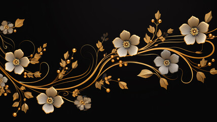 illustration of gold flowers on black background. Created with Generative AI