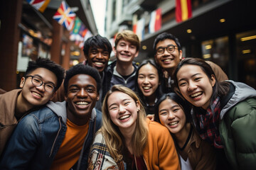 A diverse group of modern youth participating in a language exchange program, celebrating linguistic diversity and cultural understanding. - obrazy, fototapety, plakaty