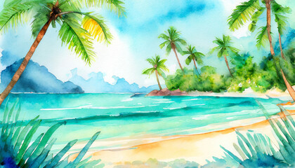 Fototapeta na wymiar Watercolor Art Painting: Tropical Oasis Vibrantly Leisurely at Midday