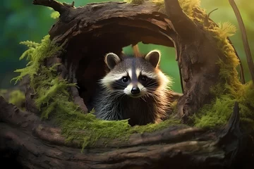  A baby raccoon exploring a hollow log in a lush woodland. © Animals