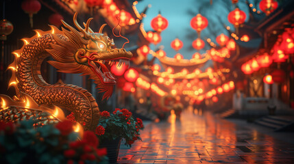 Fototapeta premium dragon stronger stone or jade lamp china line Beautiful walkway holiday Focus stacking, 3d rendering illustration background for happy chinese new year 2024 the dragon zodiac sign with red and gold 