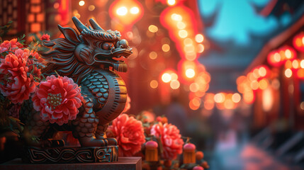 Fototapeta premium dragon stronger stone or jade lamp china line Beautiful walkway holiday Focus stacking, 3d rendering illustration background for happy chinese new year 2024 the dragon zodiac sign with red and gold 