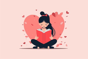 Cute cartoon couple. Minimal flat design of girl and man reading book. Background decorated with heart shape. Valentine's Day. Vector.