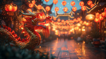 dragon stronger stone or jade lamp china line Beautiful walkway holiday Focus stacking, 3d rendering illustration background for happy chinese new year 2024 the dragon zodiac sign with red and gold 