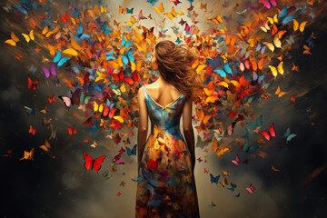 A metaphorical image of a person carrying the weight of depression transformed into colorful butterflies, illustrating the liberation and metamorphosis achieved through therapy. - obrazy, fototapety, plakaty