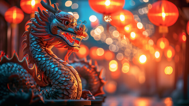 dragon stronger stone or jade lamp china line Beautiful walkway holiday Focus stacking, 3d rendering illustration background for happy chinese new year 2024 the dragon zodiac sign with red and gold 