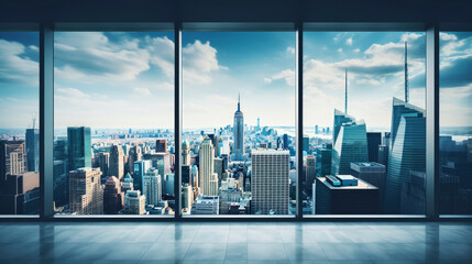 Fototapeta na wymiar Cityscape seen through the large windows of a skyscraper. Elite real estate creates an amazing landscape. Generative AI