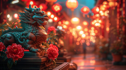 dragon stronger stone or jade lamp china line Beautiful walkway holiday Focus stacking, 3d rendering illustration background for happy chinese new year 2024 the dragon zodiac sign with red and gold  - obrazy, fototapety, plakaty