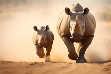 Zelfklevend Fotobehang A baby rhinoceros exploring a dusty savanna with its mother. © Animals