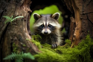 A baby raccoon exploring a hollow log in a lush woodland. - Powered by Adobe