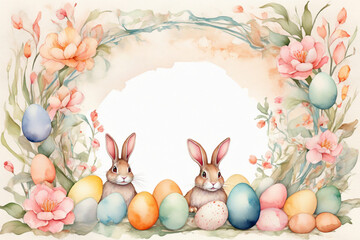 Background for congratulations on Easter with rabbits and a floral frame