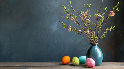Blue ceramic vase filled with blooming branches. Decayed, textured blue wall backdrop. Some colorful eggs laying on wooden table. Copy space, spring, Easter banner, card. Vintage still life. - obrazy, fototapety, plakaty