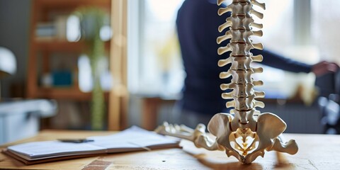 Spinal model on desk in therapist's office, adult male undergoing spine evaluation by physiotherapist with blurred background.
