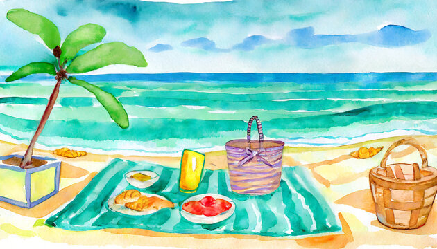Watercolor Art Painting: Whimsical Beach Picnic Casually at Noon
