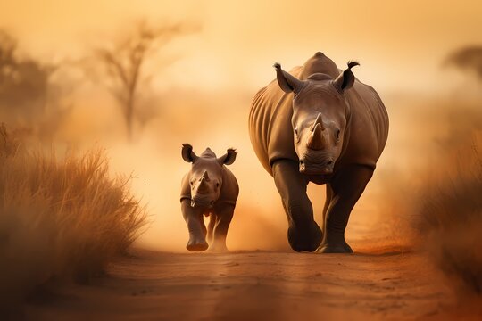 A baby rhinoceros exploring a dusty savanna with its mother.